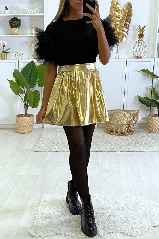 jupe patineuse simili dorée plissée évasée - 1