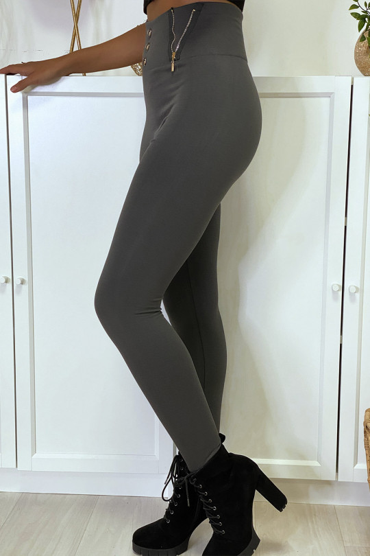 Anthracite leggings with zip and fleece button inside special high waist thermal flat stomach - 3