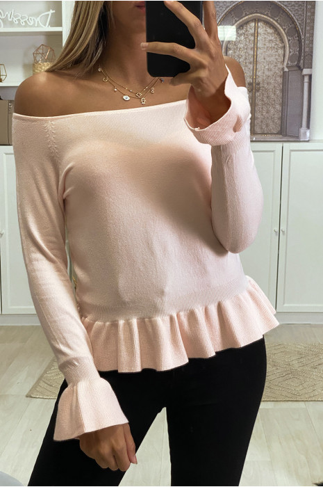 Pull col bateau en rose avec volants - 1