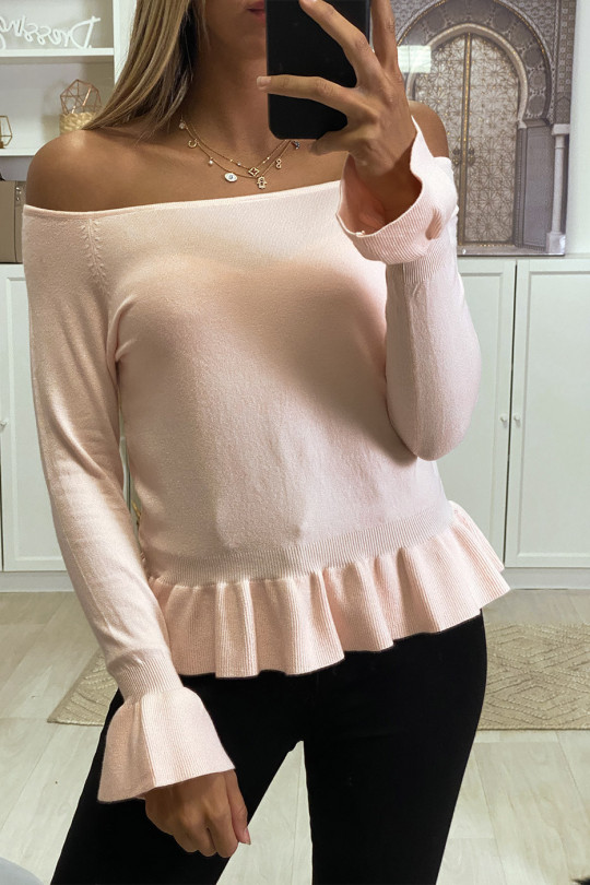 Boat neck sweater in pink with ruffles - 1