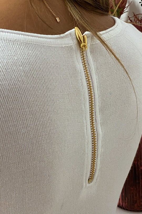 Witte sweater met V-hals van zeer rekbaar en zeer zacht breisel met gouden ritssluiting op de rug - 5