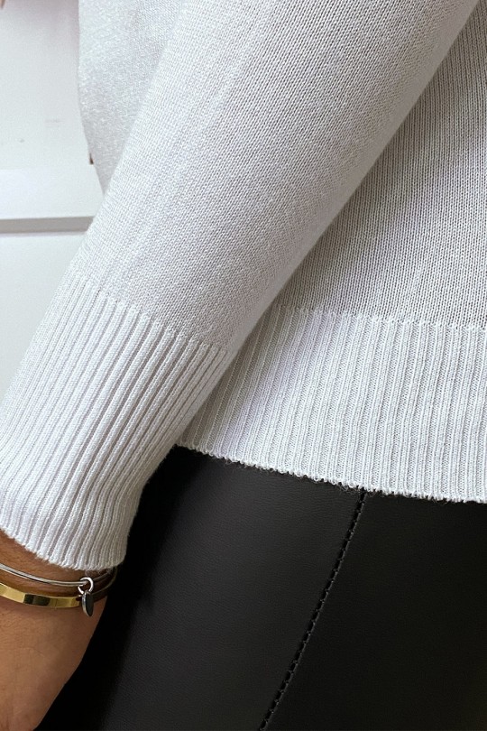 Pull blanc col V en maille tricot très extensible et très doux avec Zip doré au dos - 6