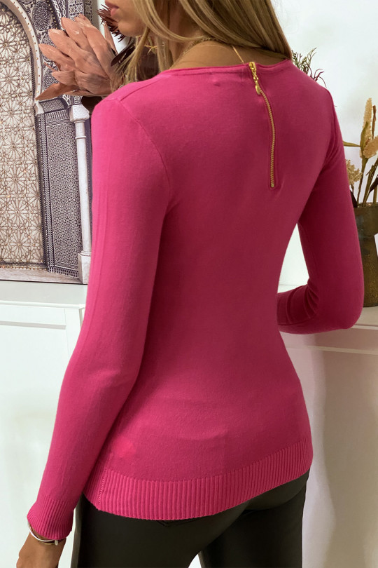 Fuchsia V-neck sweater in very stretchy and very soft knit mesh with golden zip on the back - 4