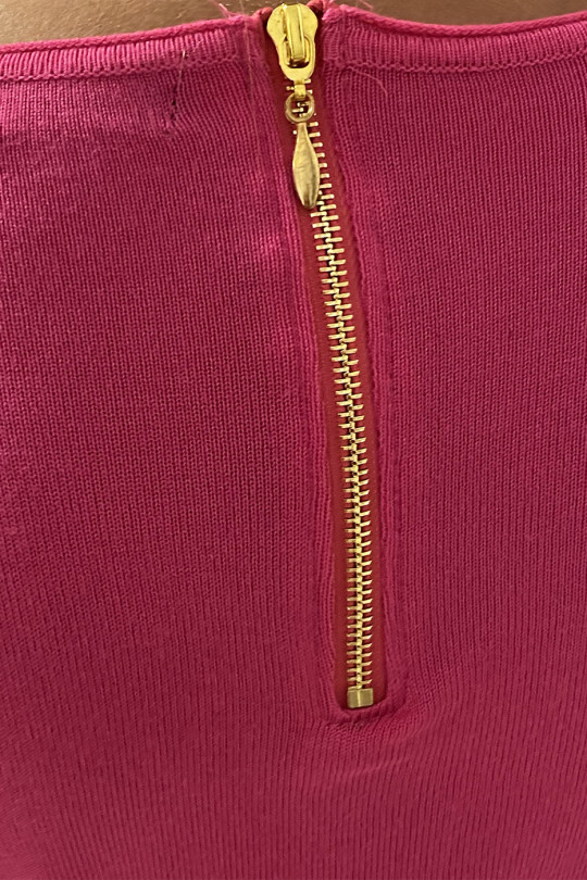 Pull fuchsia col V en maille tricot très extensible et très doux avec Zip doré au dos - 5