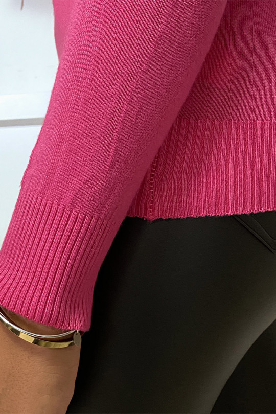 Fuchsia V-neck sweater in very stretchy and very soft knit mesh with golden zip on the back - 6