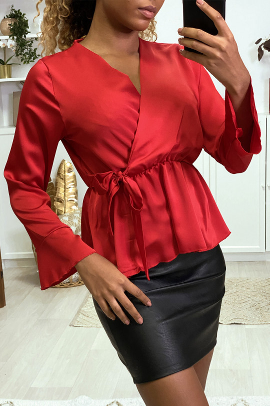 Satin wrap blouse in red with ruffles on the sleeves - 1