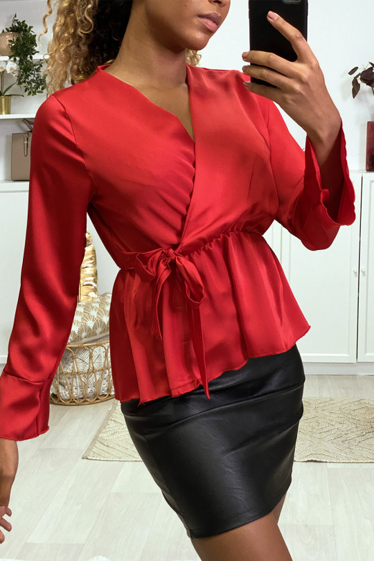 Satin wrap blouse in red with ruffles on the sleeves - 2