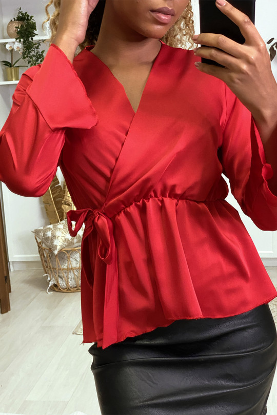 Satin wrap blouse in red with ruffles on the sleeves - 3