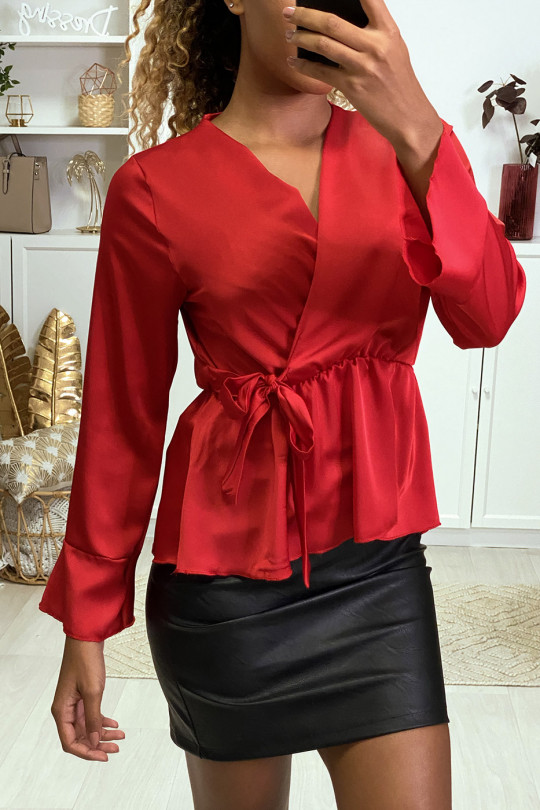 Satin wrap blouse in red with ruffles on the sleeves - 6