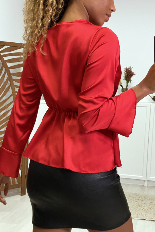 Satin wrap blouse in red with ruffles on the sleeves - 7