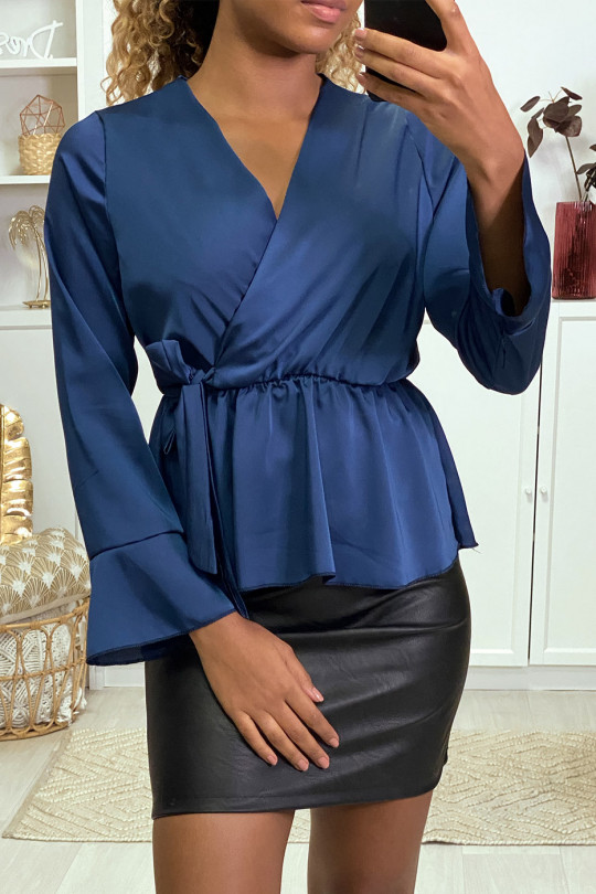 Satin wrap blouse in navy with ruffles on the sleeves - 3