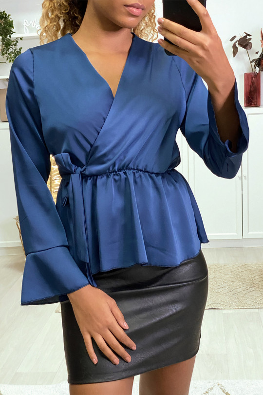 Satin wrap blouse in navy with ruffles on the sleeves - 4