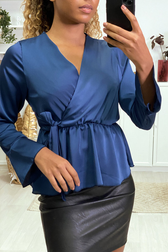 Satin wrap blouse in navy with ruffles on the sleeves - 5