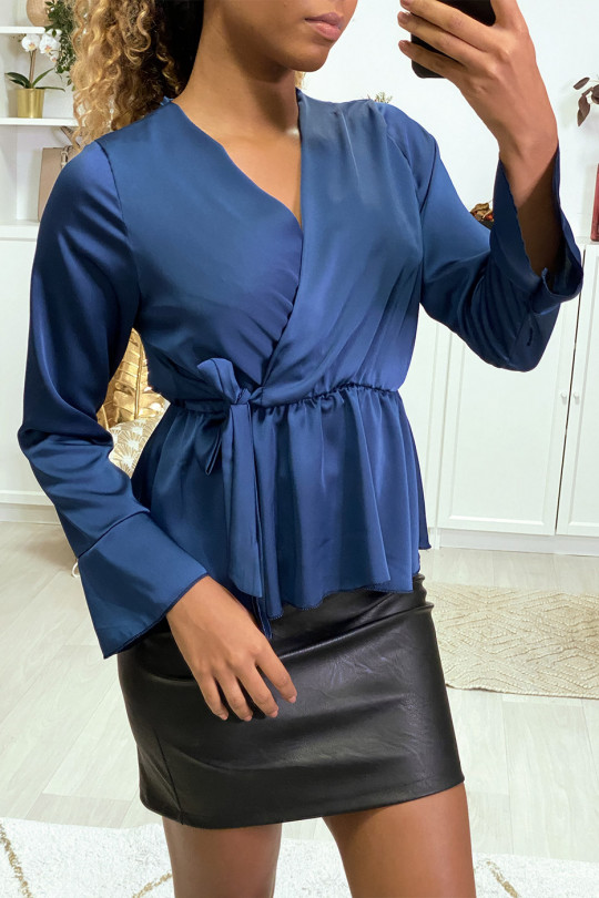 Satin wrap blouse in navy with ruffles on the sleeves - 7