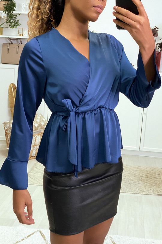 Satin wrap blouse in navy with ruffles on the sleeves - 8