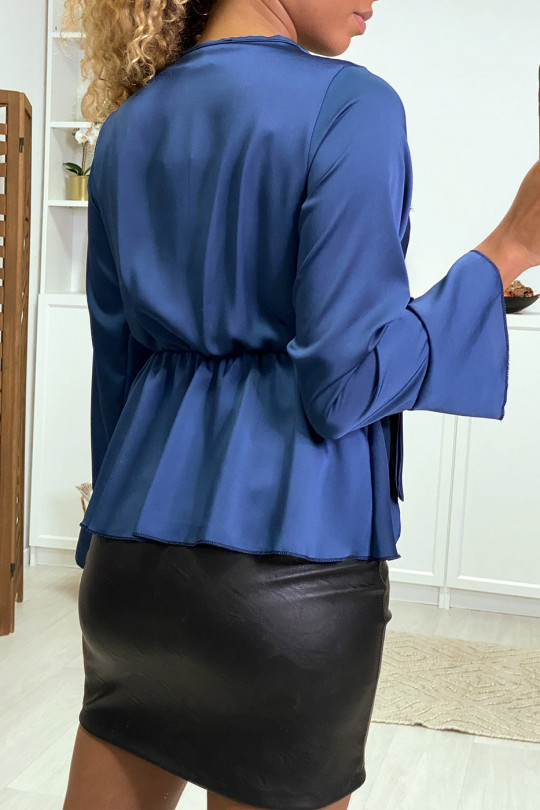 Satin wrap blouse in navy with ruffles on the sleeves - 9