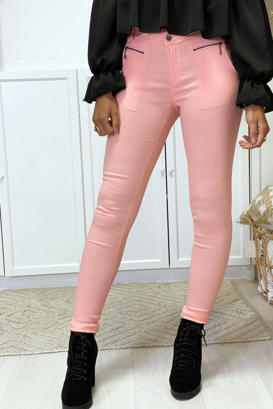 Pantalon slim rose en strech avec zip et poches - 1